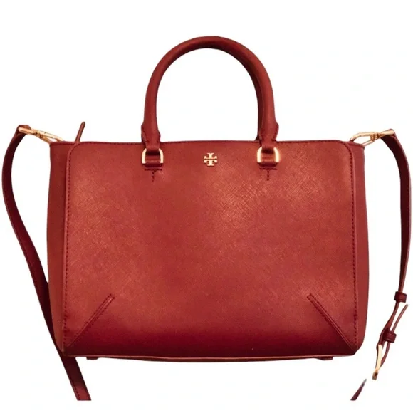 Tory Burch Satchel With Shoulder Strap Burgundy Gold Hardware - Picture 7 of 11